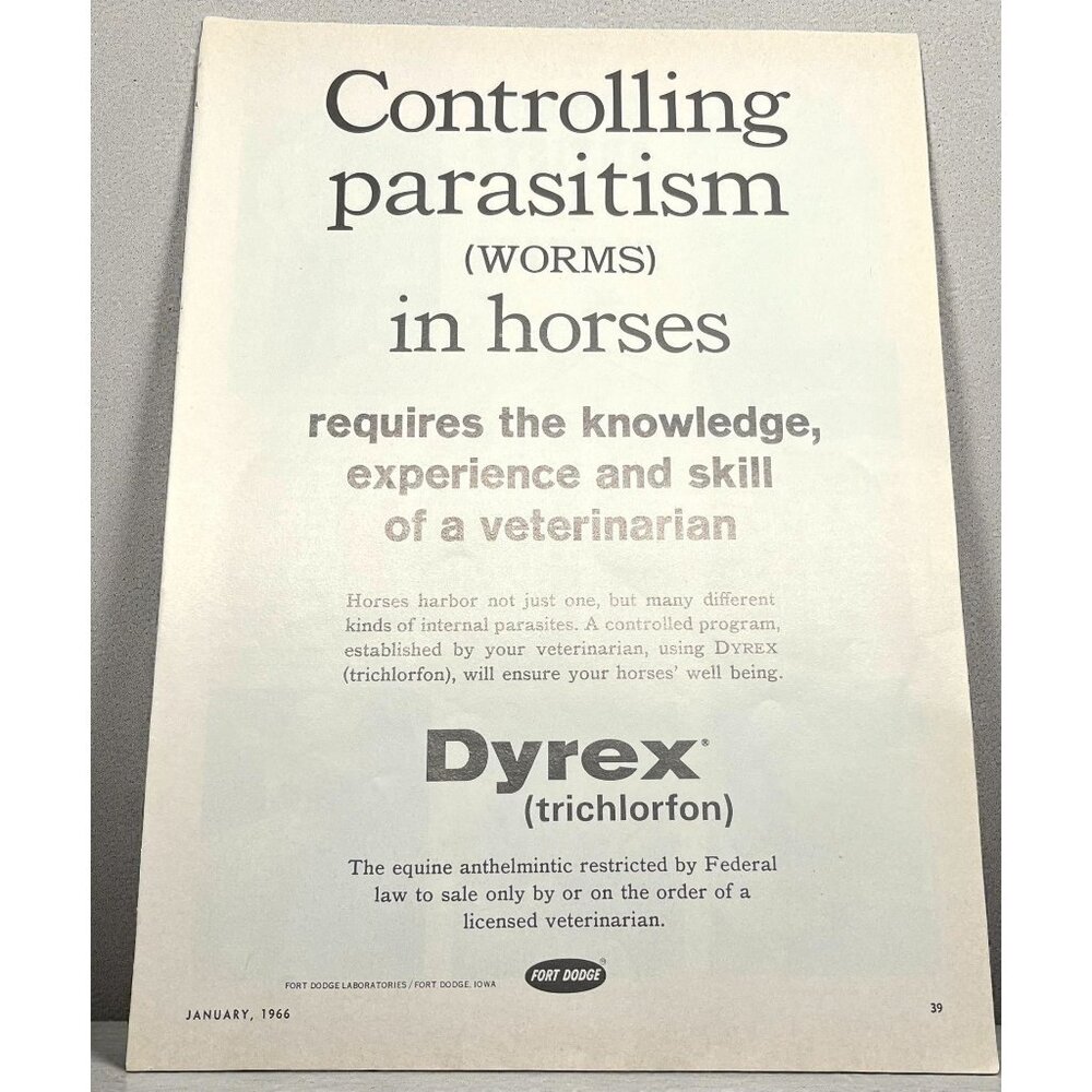 Dyrex Fort Dodge Labs Vintage Print Ad 1960s Parasite Control Horses